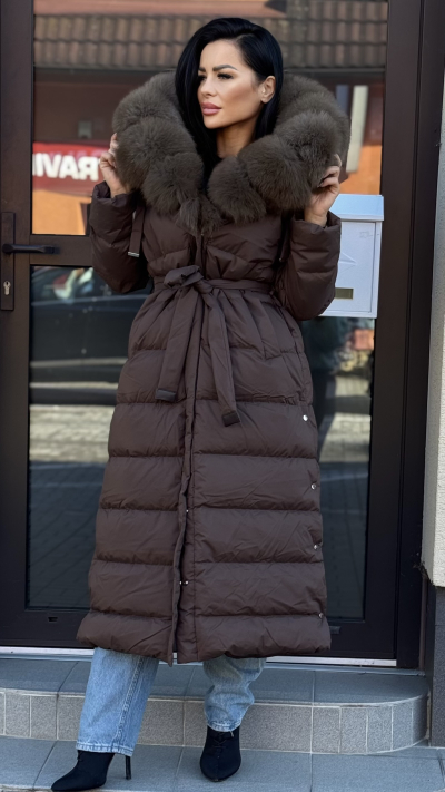 Dámska hnedá bunda s pravou kožušinou