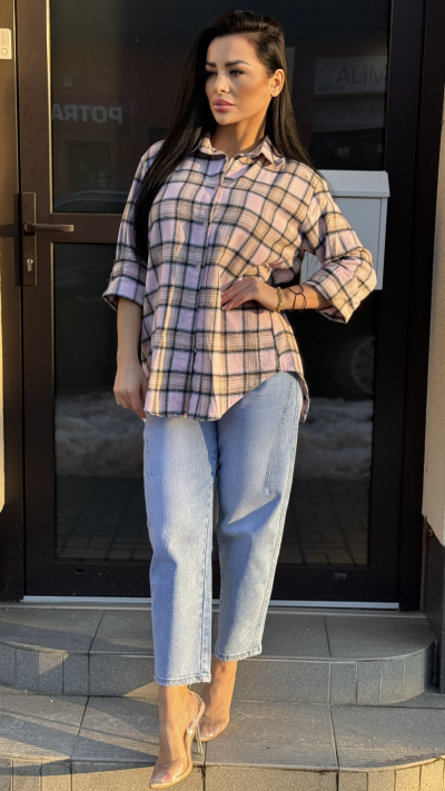 Dámska károvaná košeľa – bledoružová farba