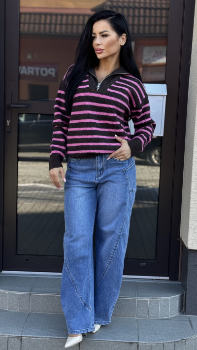 Pruhovaný sveter so zipsom – Cyklaménovohnedý