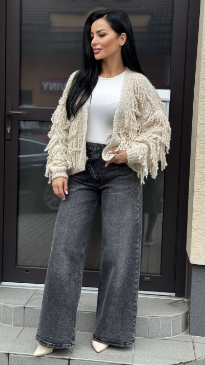 Štýlový cardigan so strapcami – Béžová farba